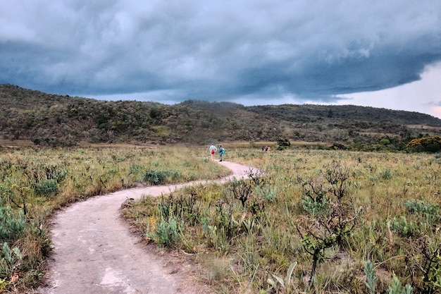 Curvy pathway surrounded by hills covered in greenery under a cloudy sky