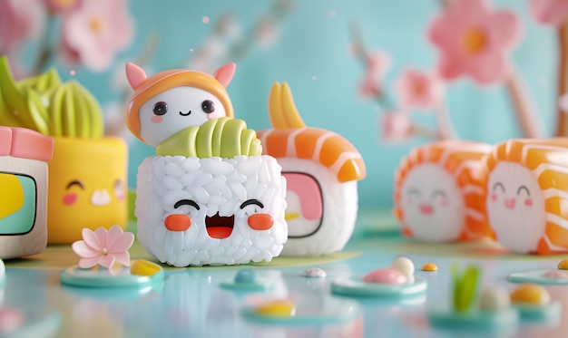 Free photo cute 3d sushi with face