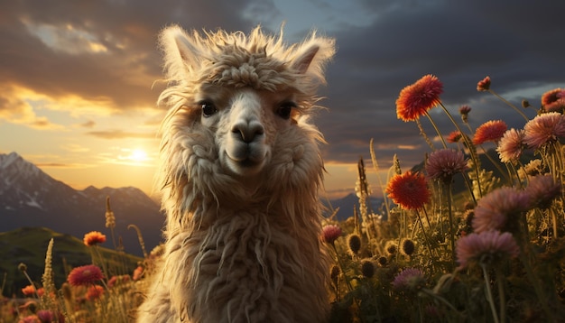 Free photo cute alpaca grazing on a meadow enjoying the beautiful sunset generated by artificial intellingence