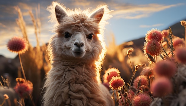 Free photo cute alpaca grazing in meadow looking at camera fluffy fur generated by artificial intellingence