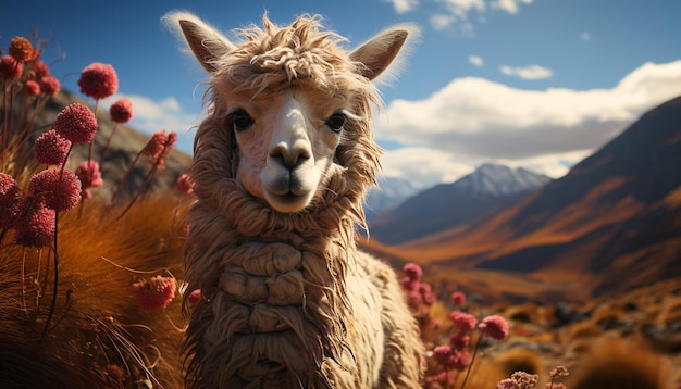 Cute alpaca grazing on a mountain meadow enjoying the summer generated by artificial intellingence