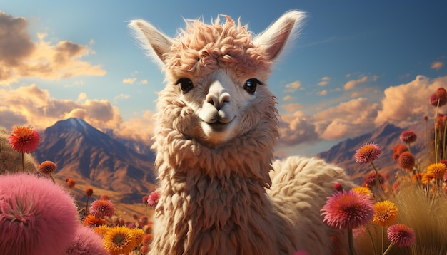 Free photo cute alpaca smiling looking at camera grazing in meadow generated by artificial intellingence