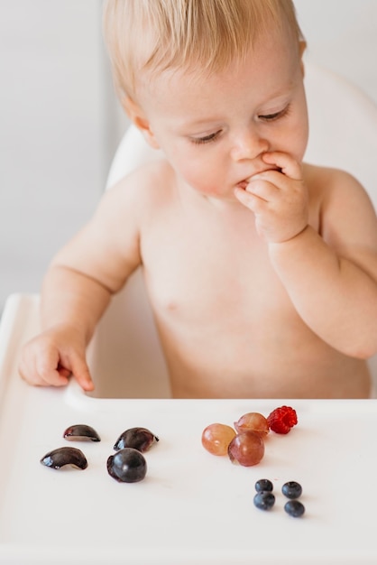 Cute baby in highchair choosing what fruit to eat