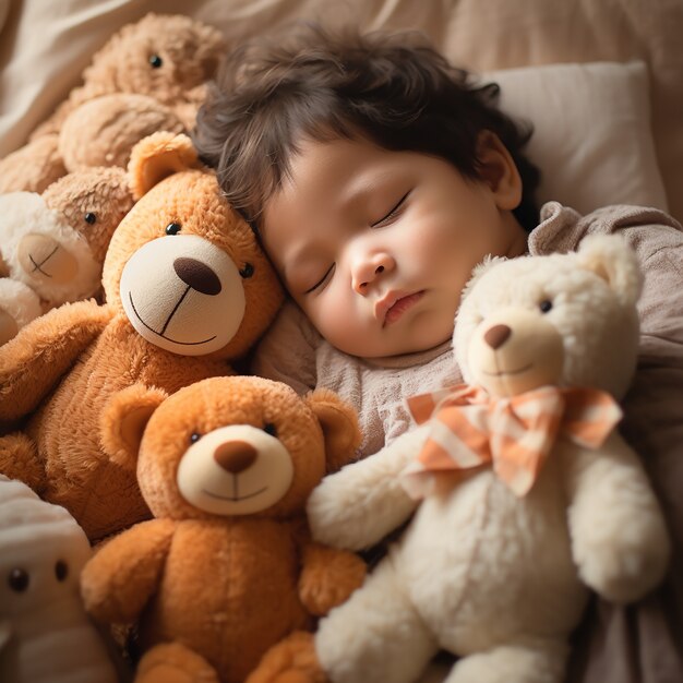 Cute baby sleeping with toys