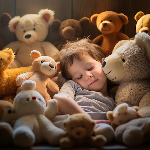 Cute baby sleeping with toys