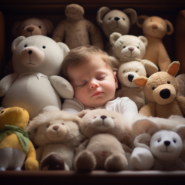 Cute baby sleeping with toys