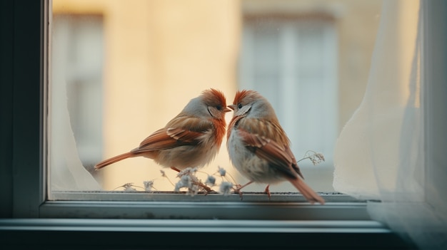 Free photo cute birds standing next to each other and showing affection