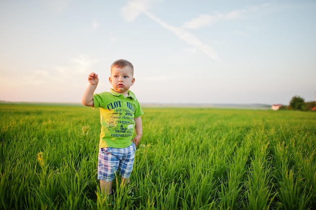 Cute boy in green grass field at evening