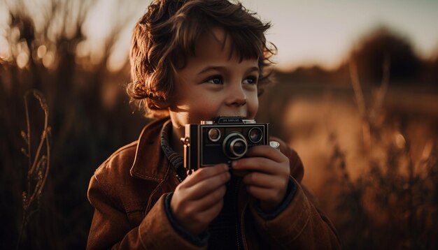 Cute boys playing in nature at sunset generated by AI