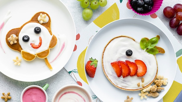 Free Photo cute breakfast background, kids pancakes and chocolate cereal