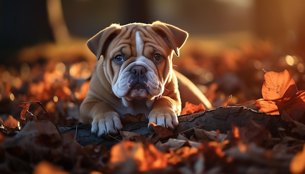 Free photo cute bulldog puppy sitting in autumn grass looking at camera generated by artificial intellingence