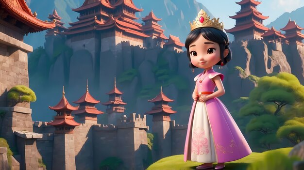 Cute cartoon princess wearing beautiful dress