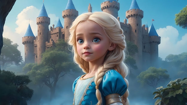 Cute cartoon princess wearing beautiful dress