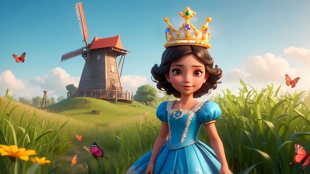 Cute cartoon princess wearing beautiful dress