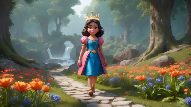 Cute cartoon princess wearing beautiful dress