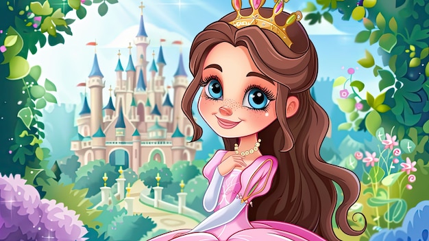 Cute cartoon princess with beautiful nature