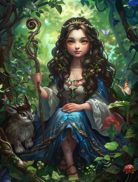 Free photo cute cartoon princess with beautiful nature