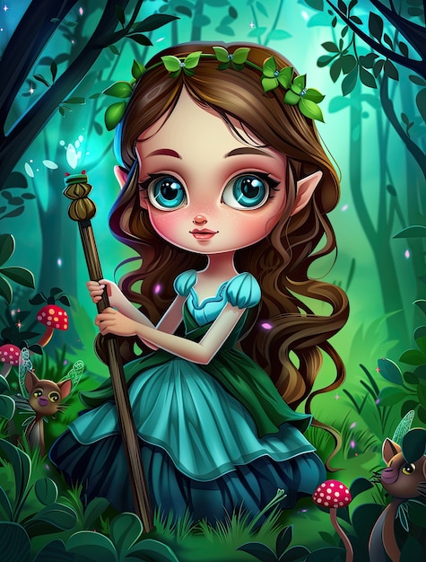 Free photo cute cartoon princess with beautiful nature