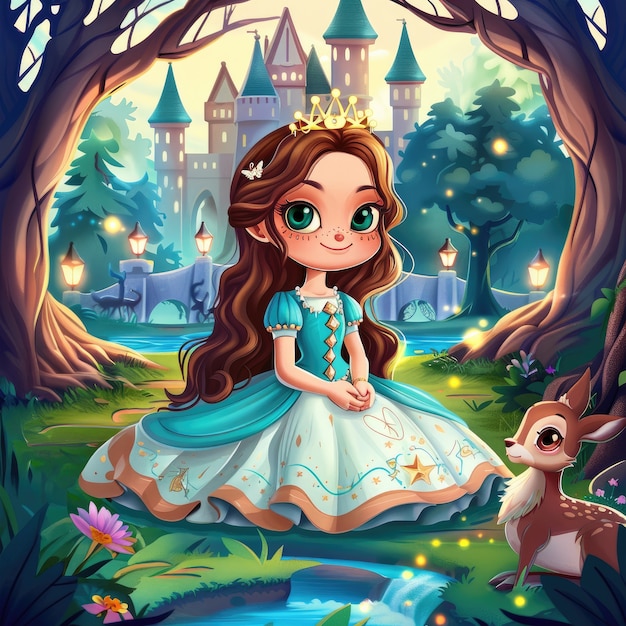 Free photo cute cartoon princess with beautiful nature