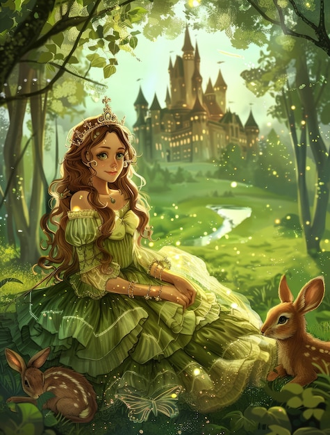 Free photo cute cartoon princess with beautiful nature