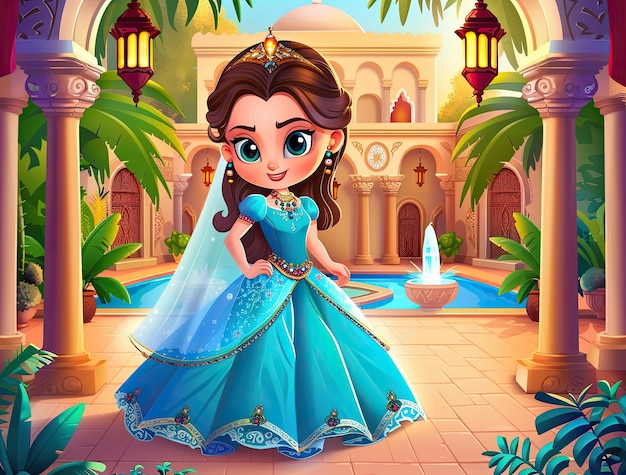 Free photo cute cartoon princess with beautiful nature