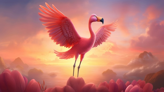 Cute cartoony  flamingo in nature