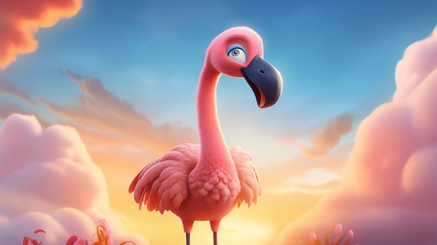 Cute cartoony  flamingo in nature