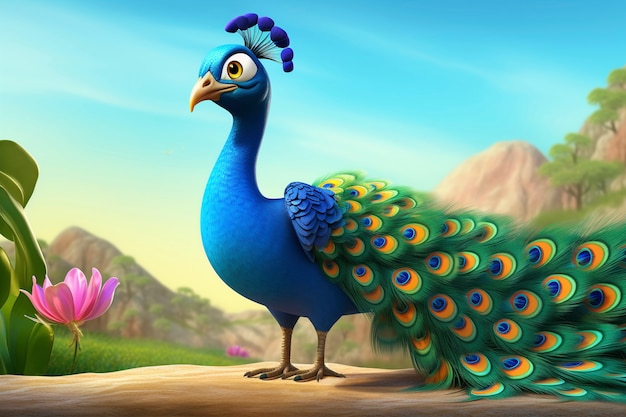 Cute cartoony  peacock in nature