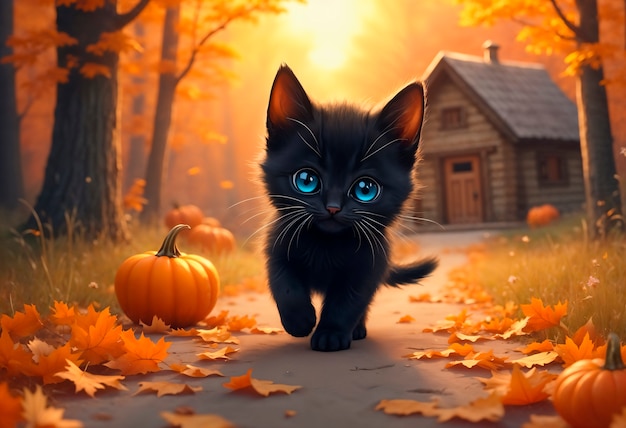 Free Photo cute cat during autumn season