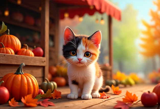 Free Photo cute cat during autumn season