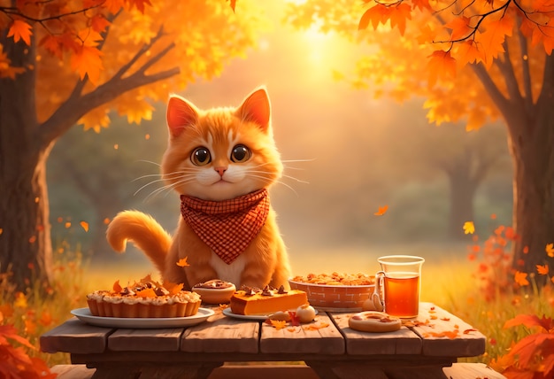 Free Photo cute cat during autumn season