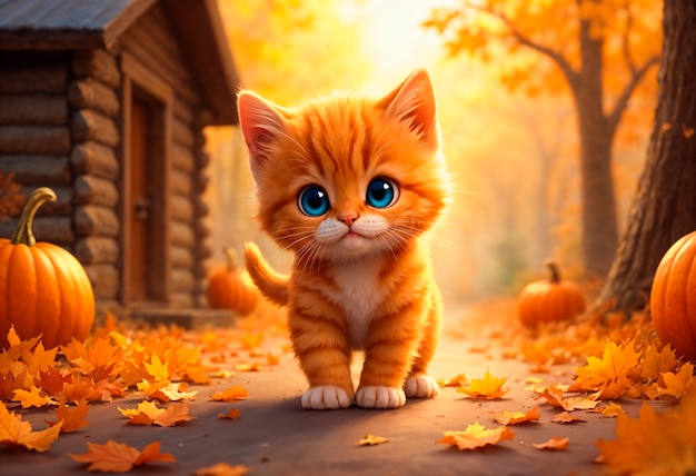 Free photo cute cat during autumn season