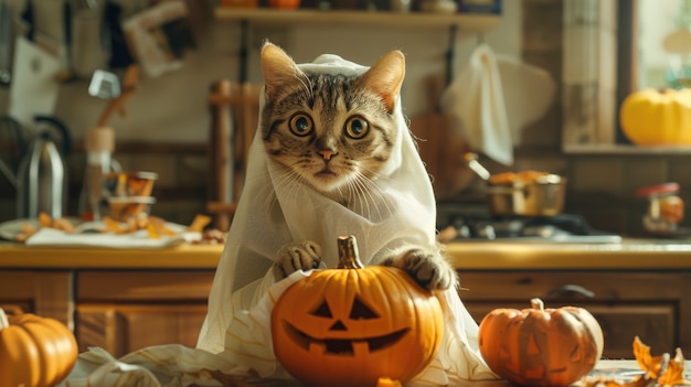 Free photo cute cat wearing halloween costume