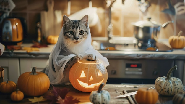 Free photo cute cat wearing halloween costume