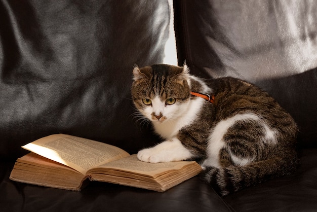 Free Photo cute cat with old book