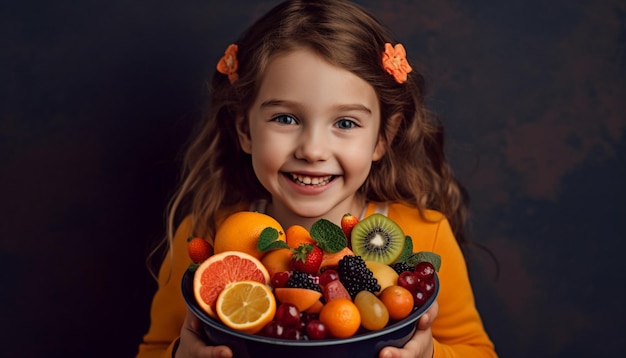 Cute Caucasian girl smiling holding fresh fruit snack generated by AI