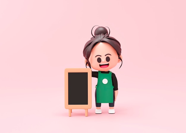 Cute chef baker or barista standing with open or menu blackboard sign restaurant cook mascot on pink background 3d rendering