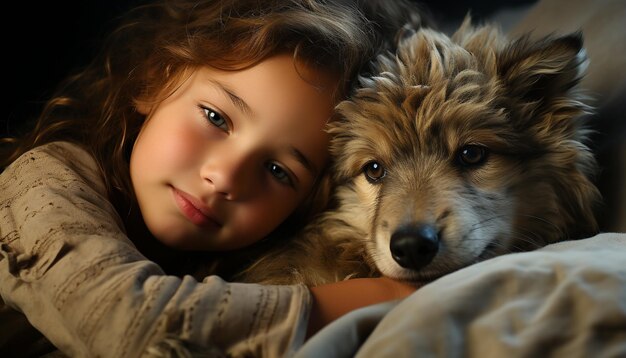 Cute child embraces playful puppy pure happiness in nature generated by artificial intelligence