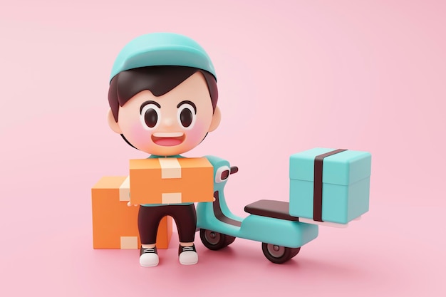 Cute Delivery man with scooter or motorcycle stand over on pink background and carrying cardboard boxes illustration 3D rendering