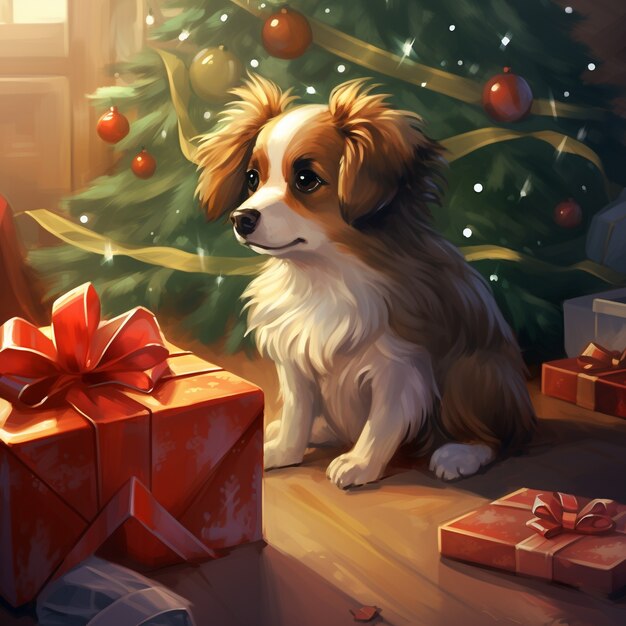 Cute dog sitting by the christmas gifts