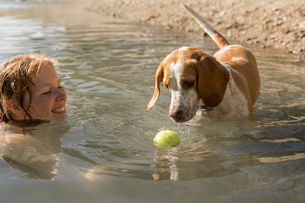 Cute dog standing in the water and looking at the ball