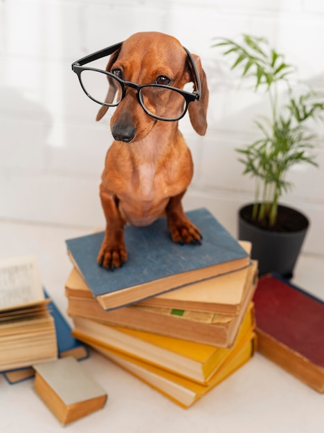 Free photo cute dog with glasses sitting on books