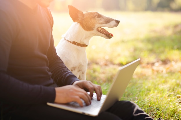 Free photo cute dog with owner and laptop