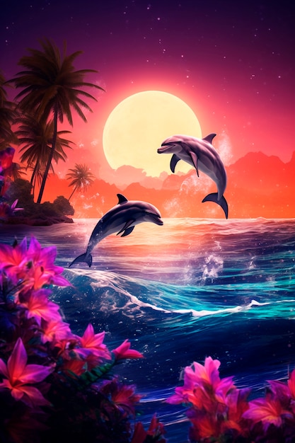 Cute dolphins jumping from water  at sunset