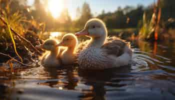 Free photo cute duckling quacking in the pond surrounded by nature generated by artificial intelligence