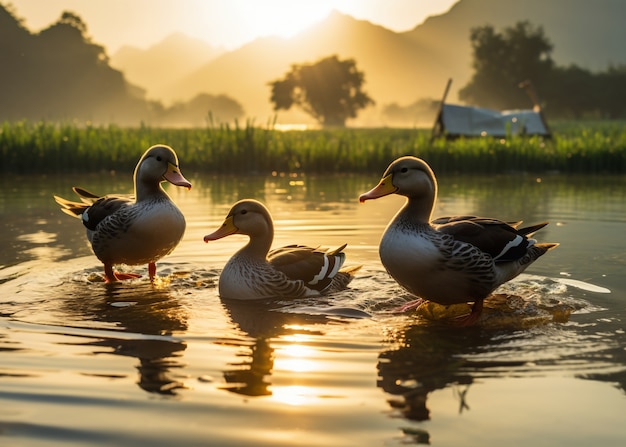 Cute ducks living in nature