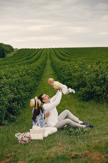 Cute family playing in a summer field