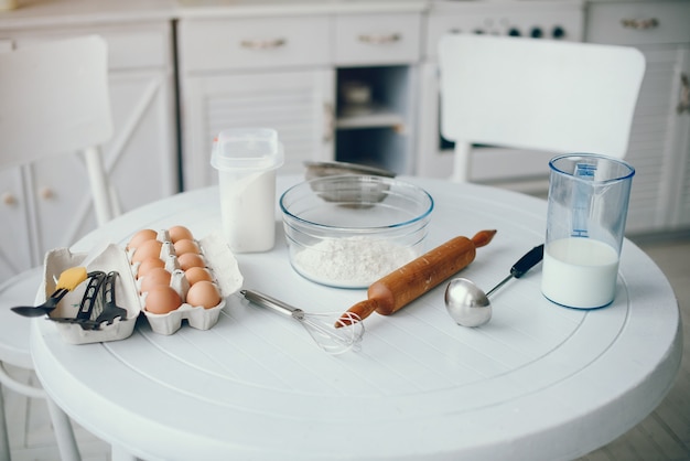 Cute family prepare the breakfest in a kitchen