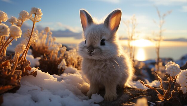 Cute fluffy rabbit sitting in the snow enjoying the sunset generated by artificial intelligence