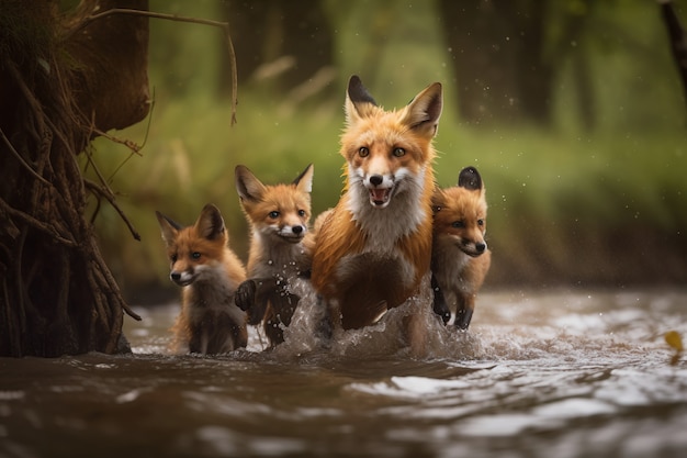 Free Photo cute fox with babies in nature